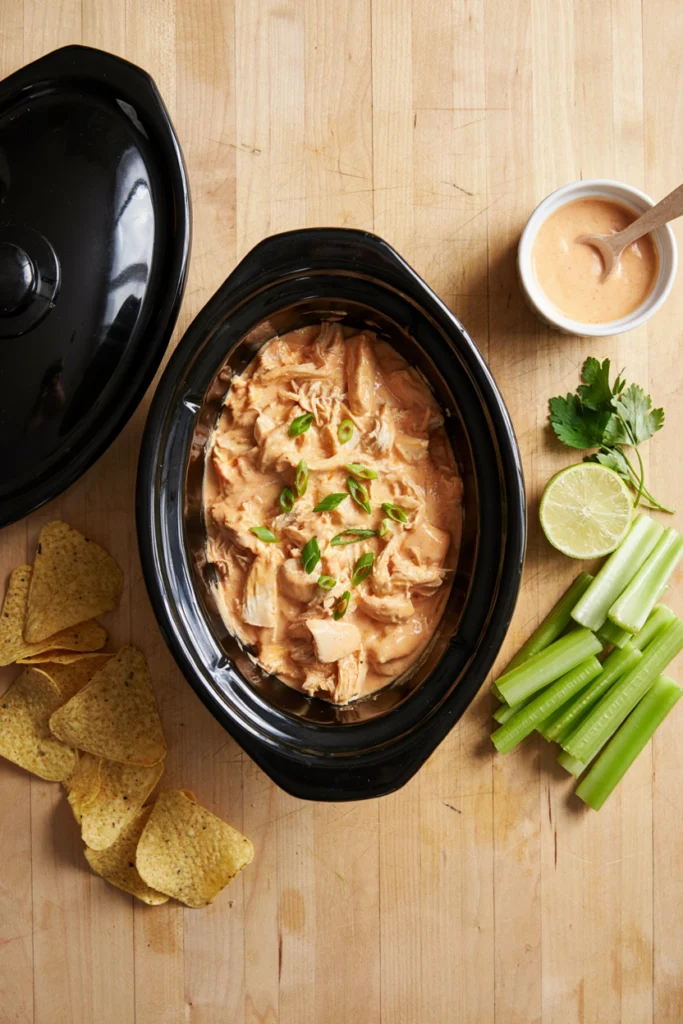 Creamy buffalo chicken dip with celery sticks and tortilla chips