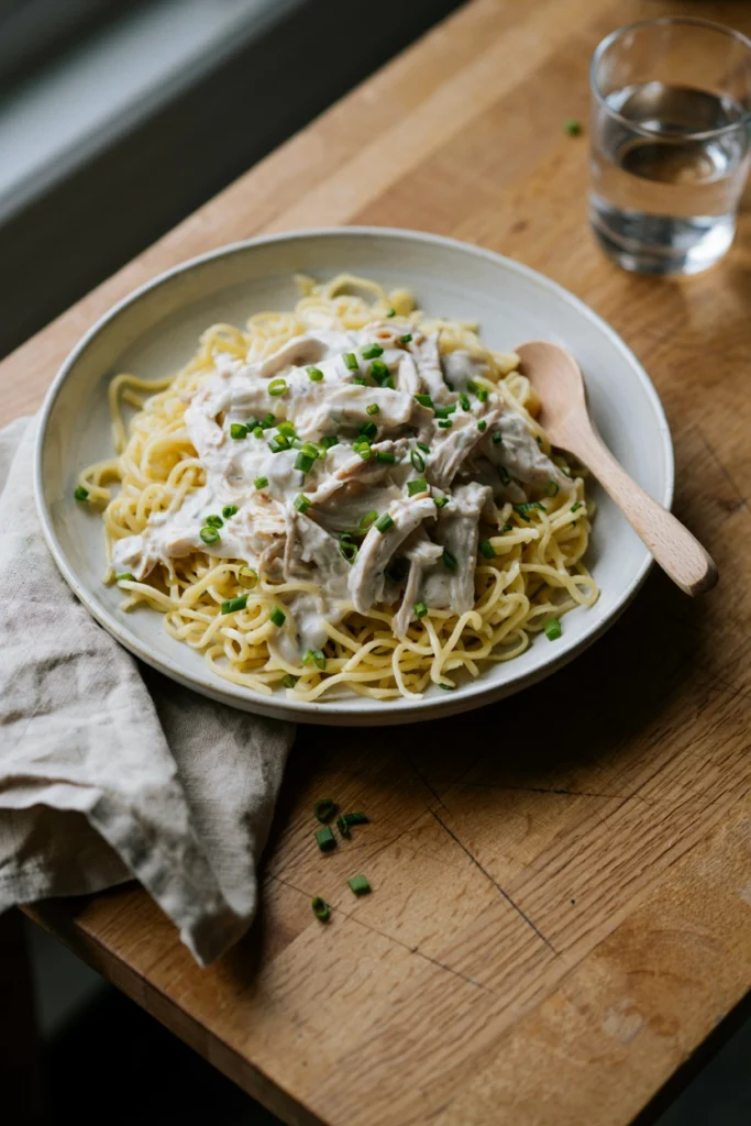 Shredded chicken in creamy ranch sauce over egg noodles
