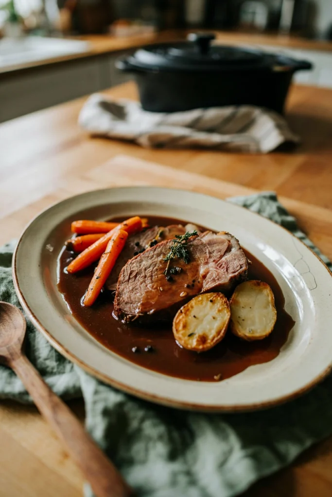 Fork-tender pot roast with carrots and potatoes in gravy