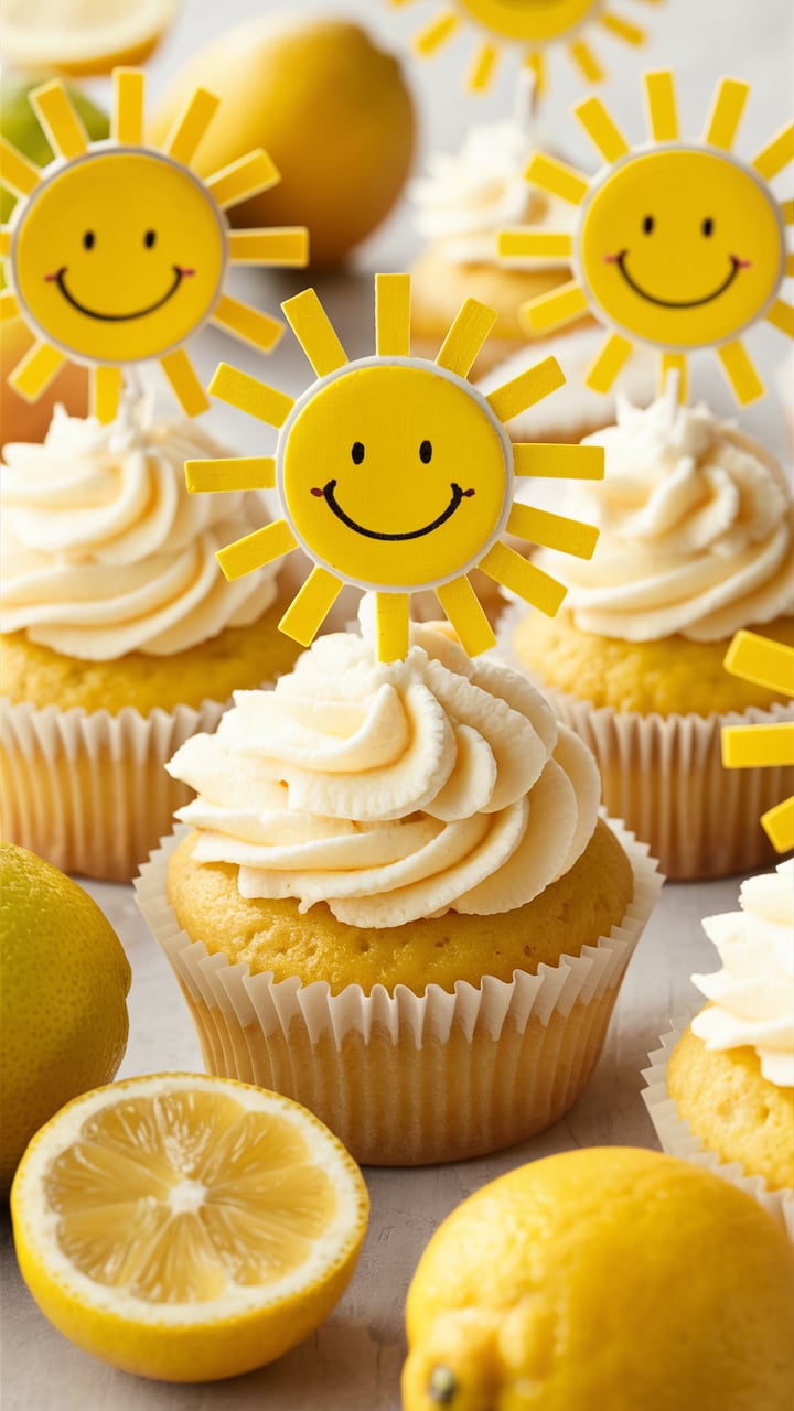 Cupcakes with sun toppers for a sunshine baby shower dessert table