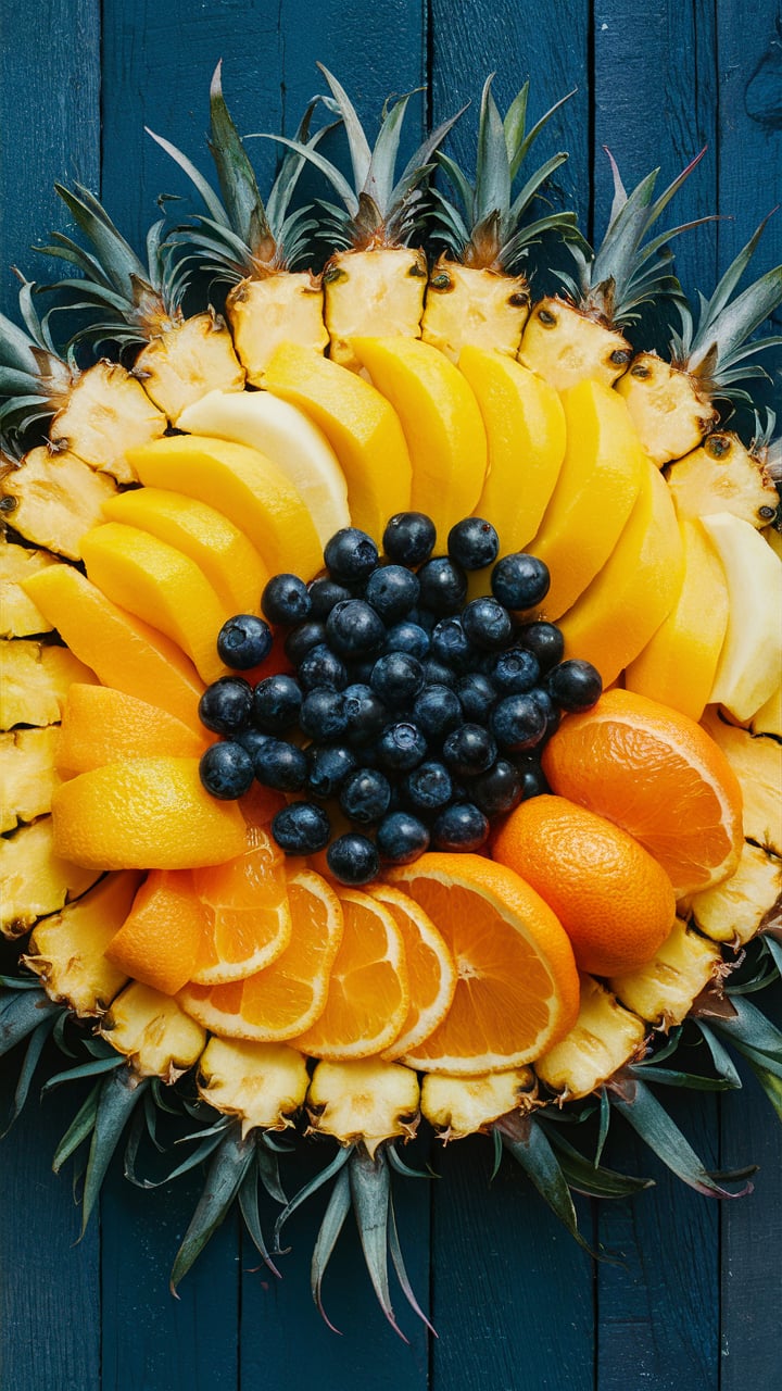 Fruit platter arranged in the shape of a sun for a You Are My Sunshine baby shower