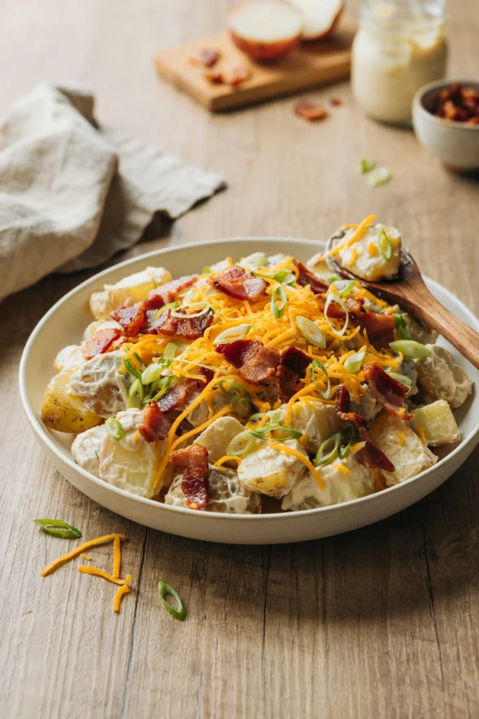 Loaded baked potato salad topped with cheddar, bacon, and green onion