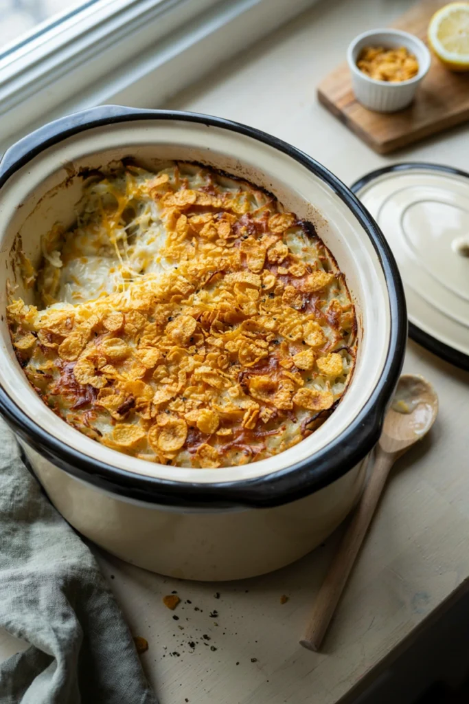 Slow cooker funeral potatoes with a crispy cornflake topping