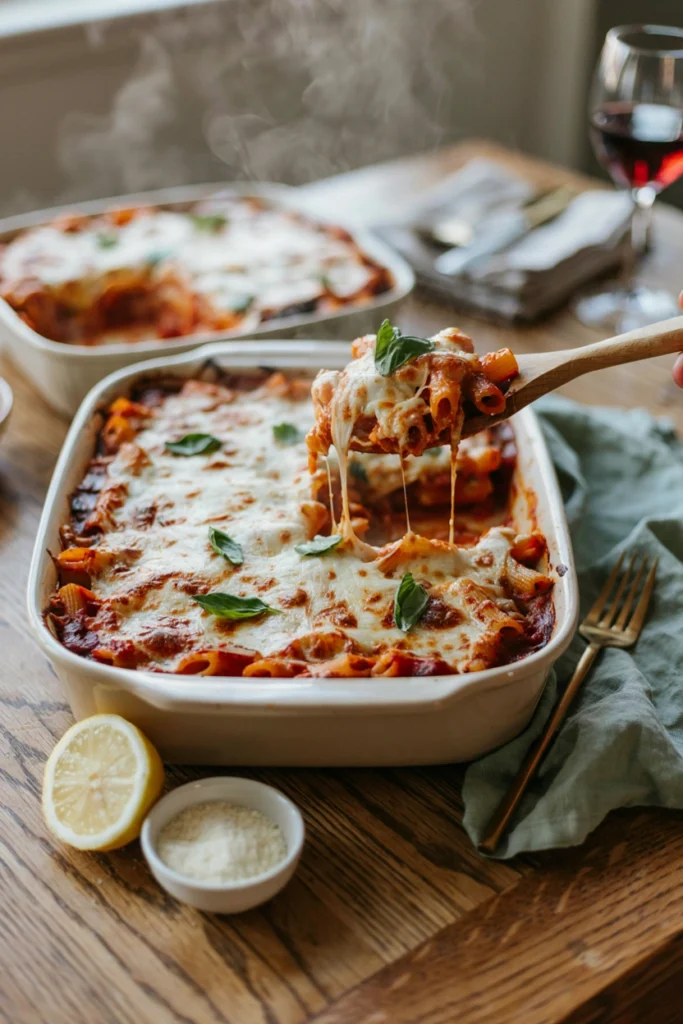 Bubbling baked ziti with melted mozzarella and fresh basil