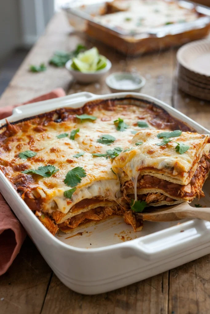 Sliced King Ranch chicken casserole with layered corn tortillas and cheese