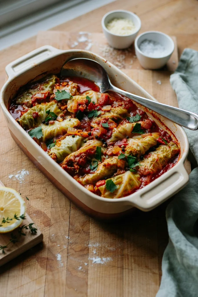 Unstuffed cabbage roll casserole with ground beef and rice in tomato sauce