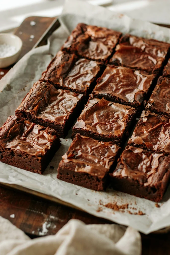 Thick fudgy brownies cut into squares with a shiny crackled top
