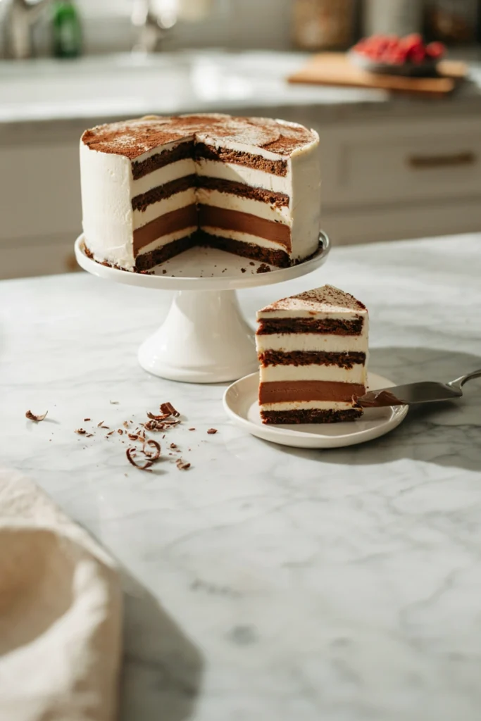 Sliced no-bake icebox cake with layers of graham crackers and chocolate pudding