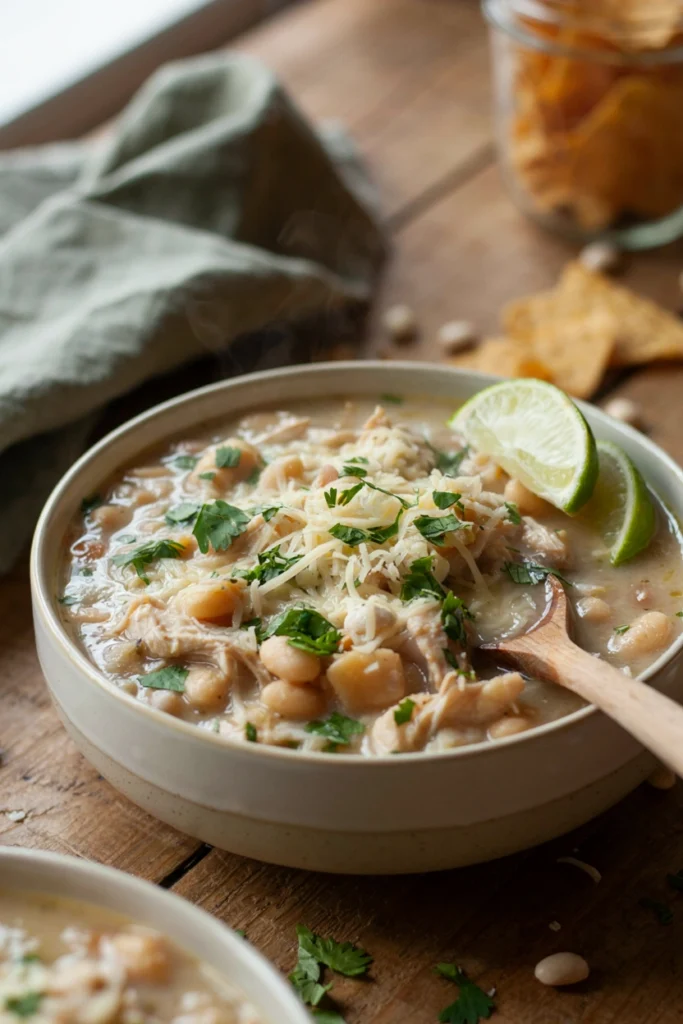 Creamy slow cooker white chicken chili topped with cheese and lime