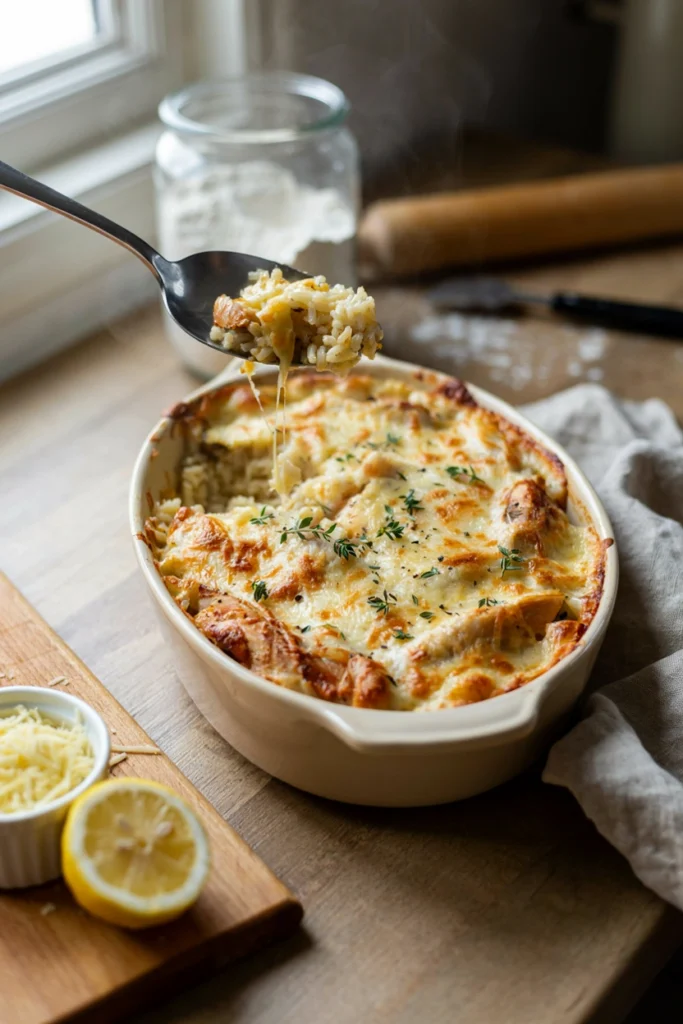 Cheesy chicken and rice casserole with a golden panko topping