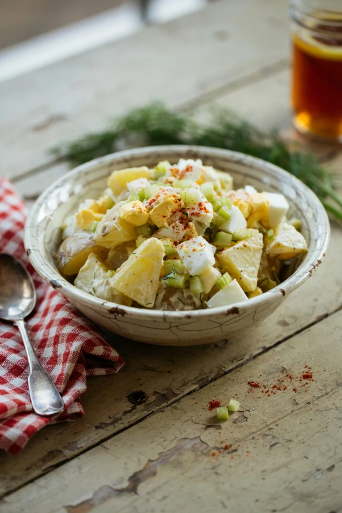 Classic Southern potato salad with chopped egg and paprika