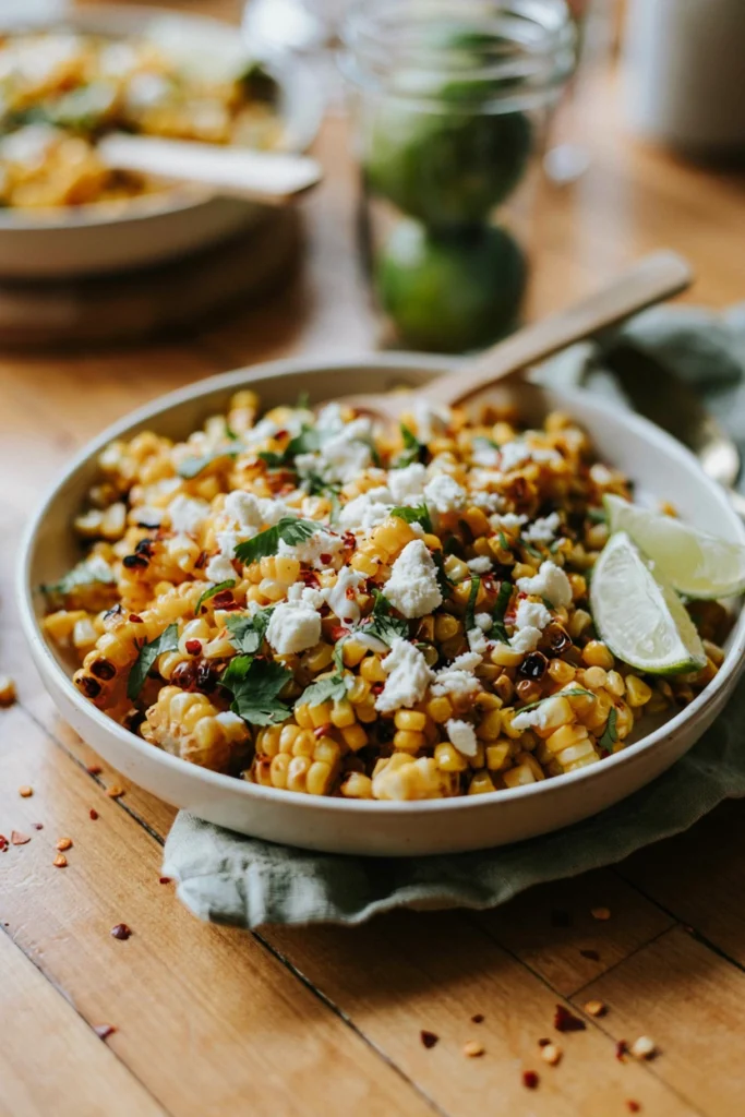Mexican street corn salad topped with cotija cheese and chili powder