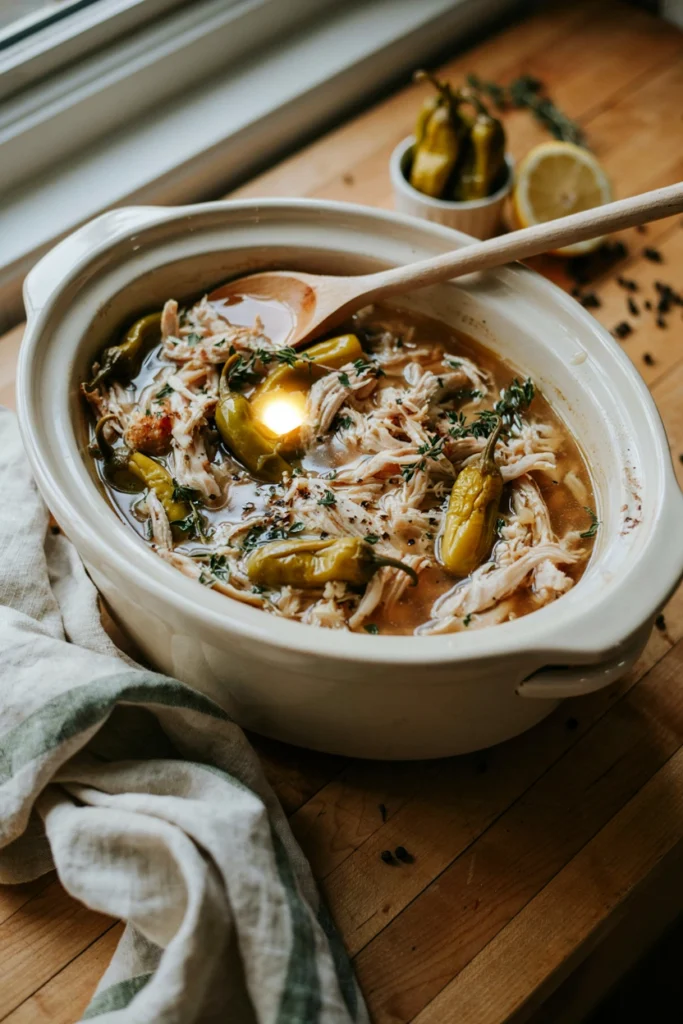 Slow cooker Mississippi chicken shredded in buttery gravy with pepperoncini