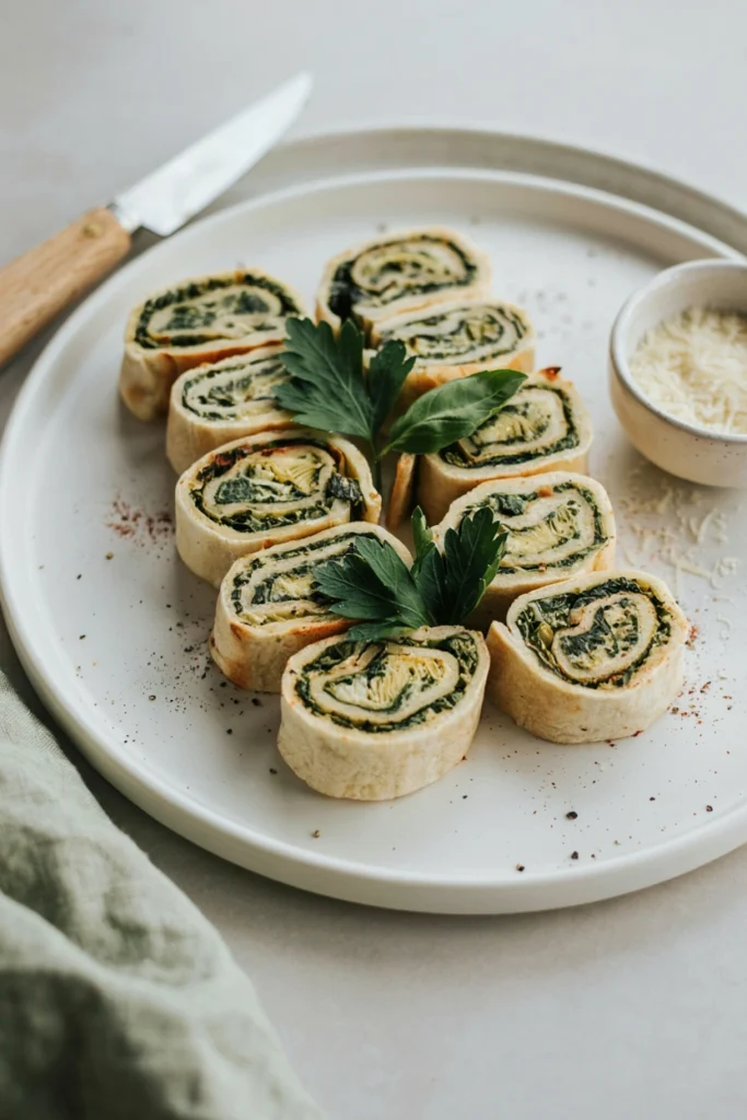 Spinach artichoke pinwheels sliced to show the spiral filling