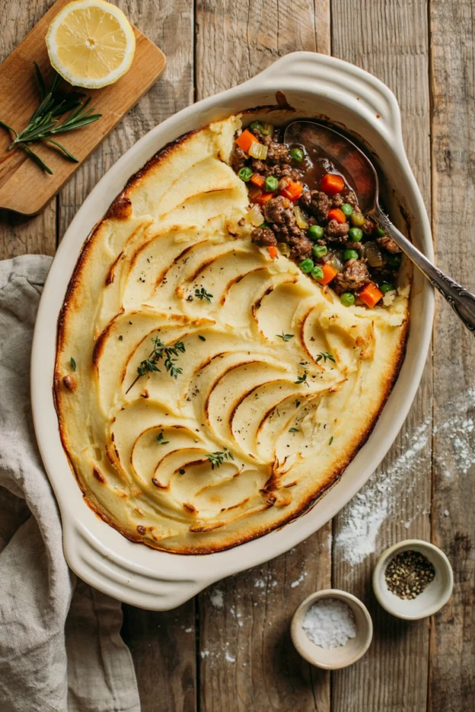 Large shepherd's pie with peaks of golden mashed potatoes on top