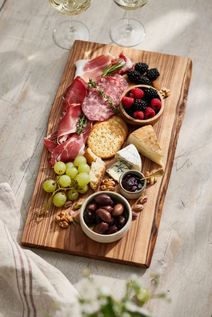 Charcuterie grazing board with cured meats, cheeses, crackers, and fruit