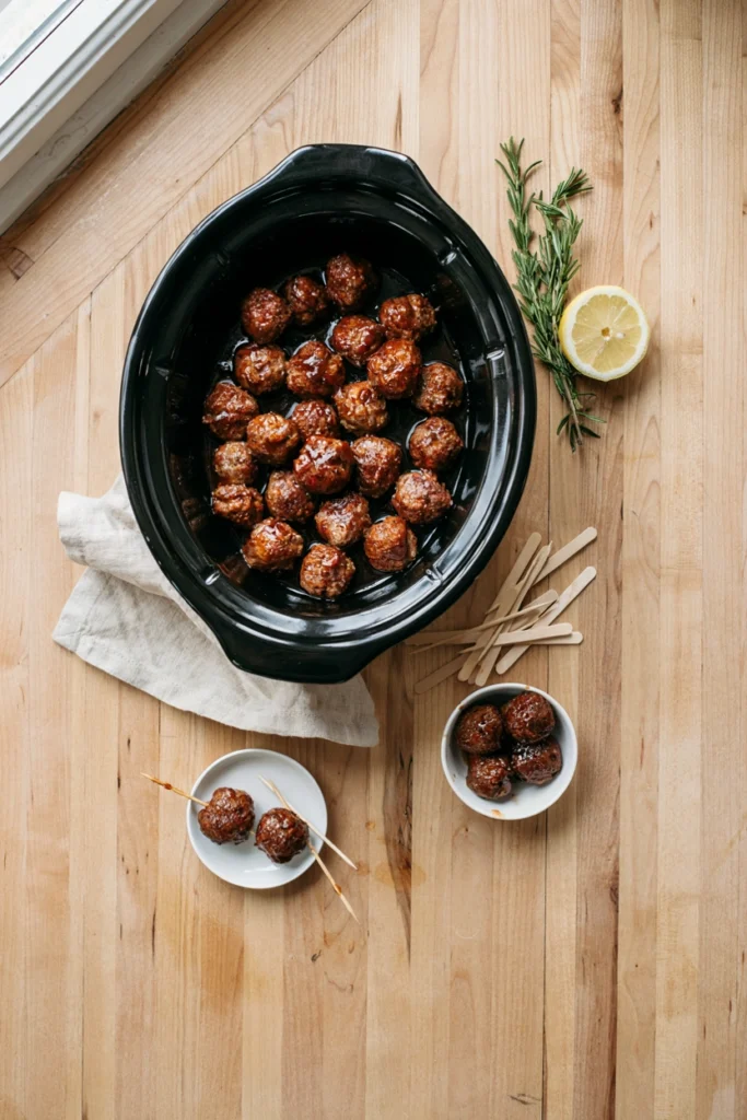 Slow cooker cocktail meatballs coated in a glossy grape jelly BBQ sauce