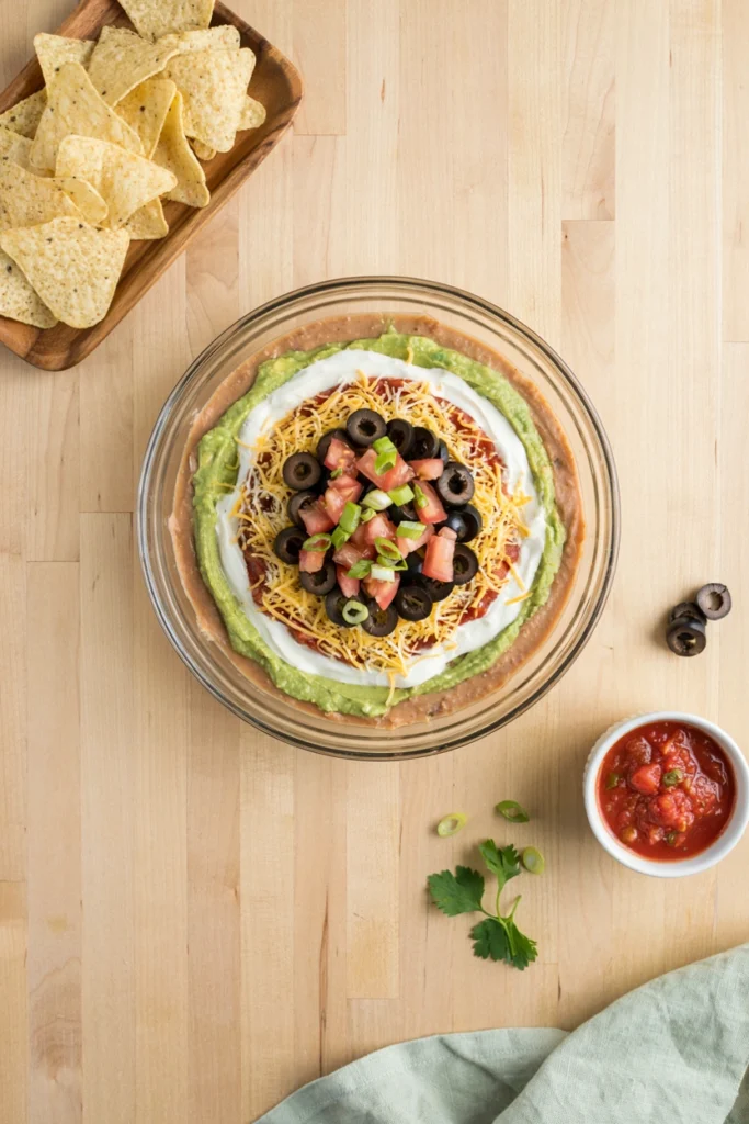 Seven-layer taco dip in a glass trifle dish with tortilla chips
