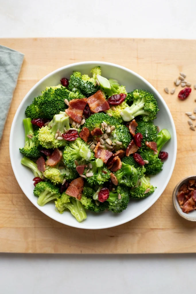 Broccoli salad with bacon, dried cranberries, and sunflower seeds