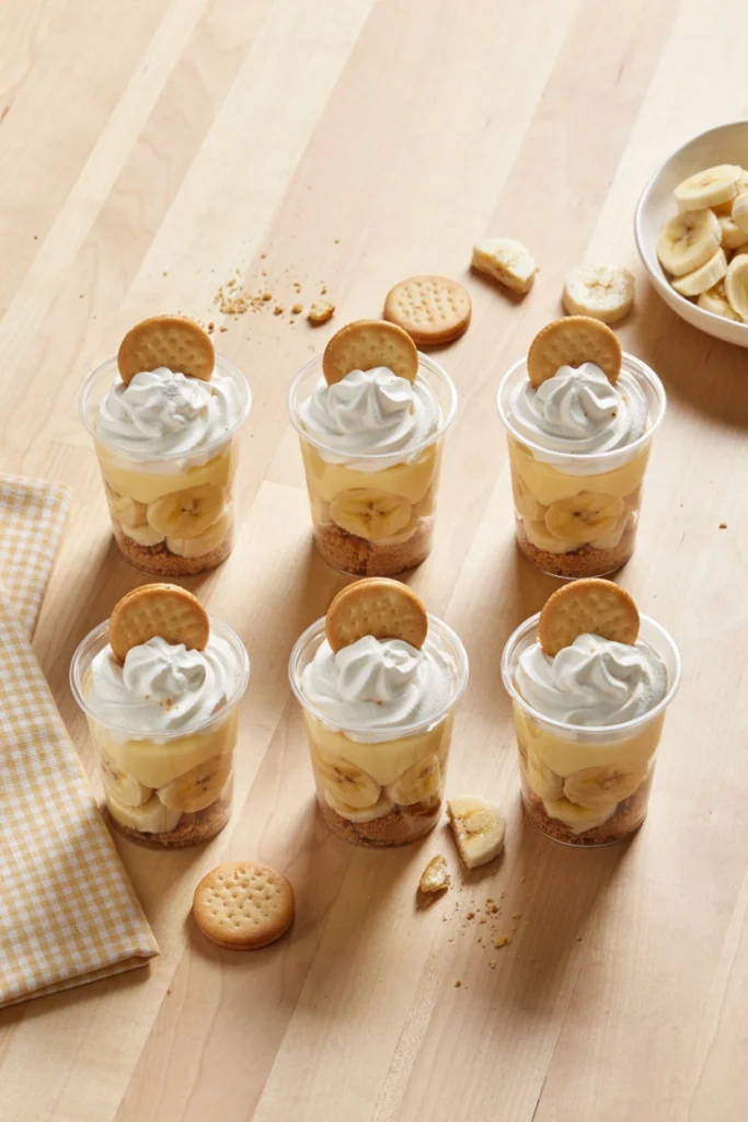 Individual banana pudding cups layered with vanilla wafers and whipped cream