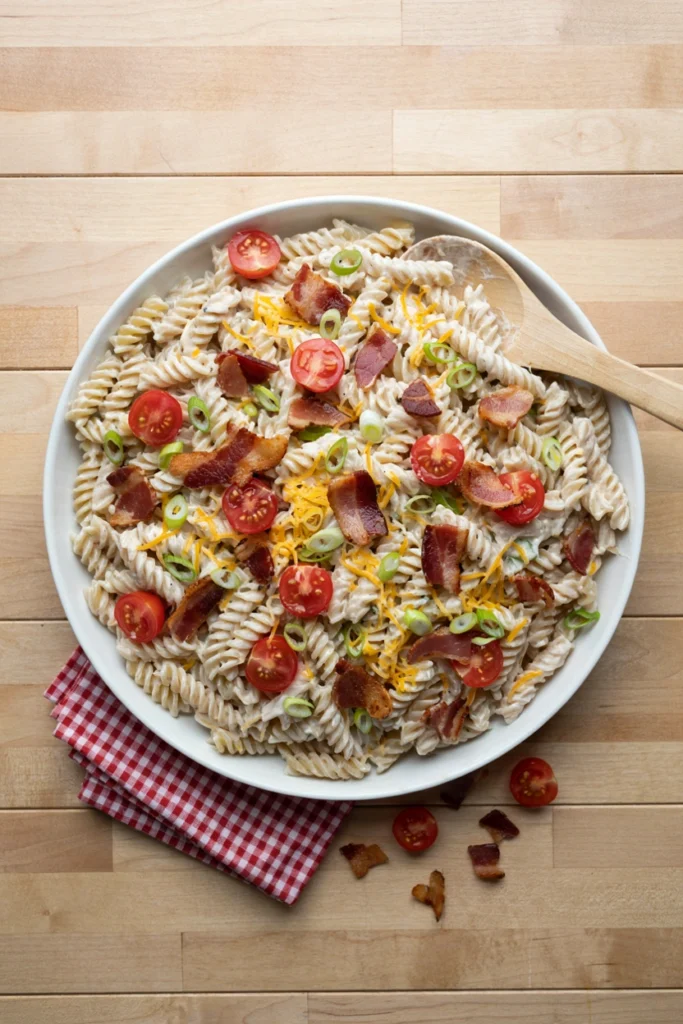Creamy bacon ranch pasta salad with cherry tomatoes and cheddar