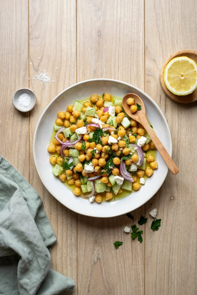 Chickpea cucumber salad with feta, tomatoes, and fresh herbs