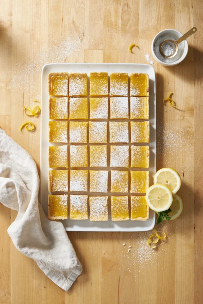 Bright lemon bars dusted with powdered sugar, cut into squares