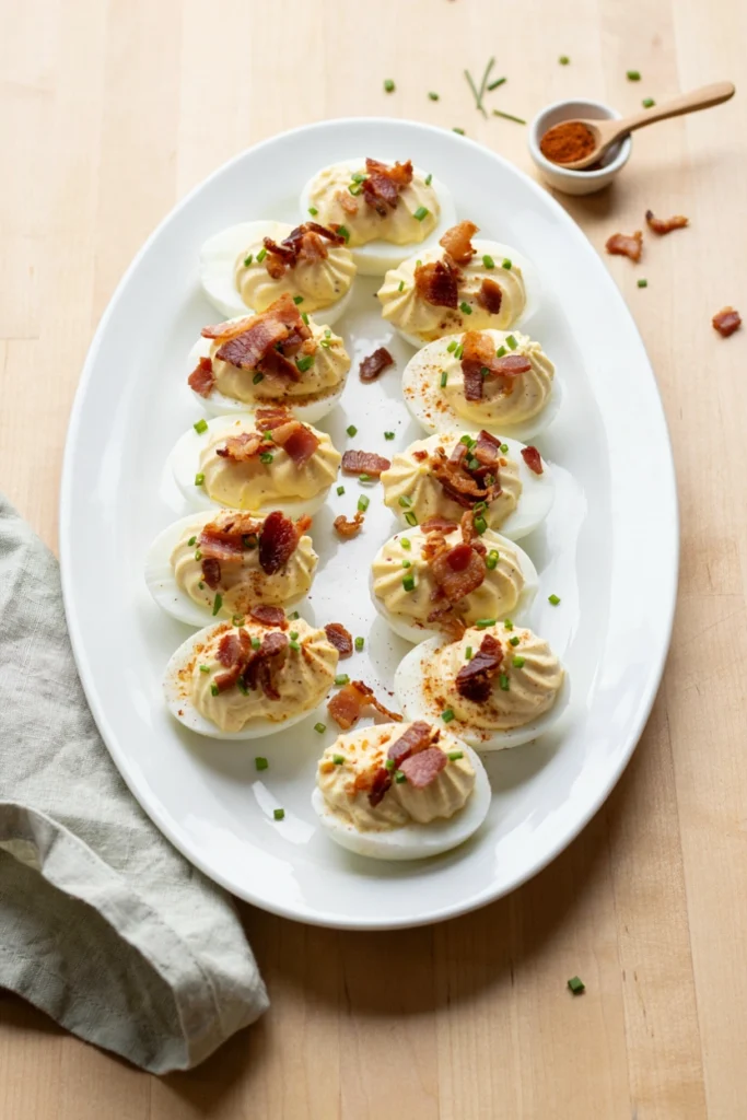 Bacon cheddar deviled eggs arranged on a platter with chives