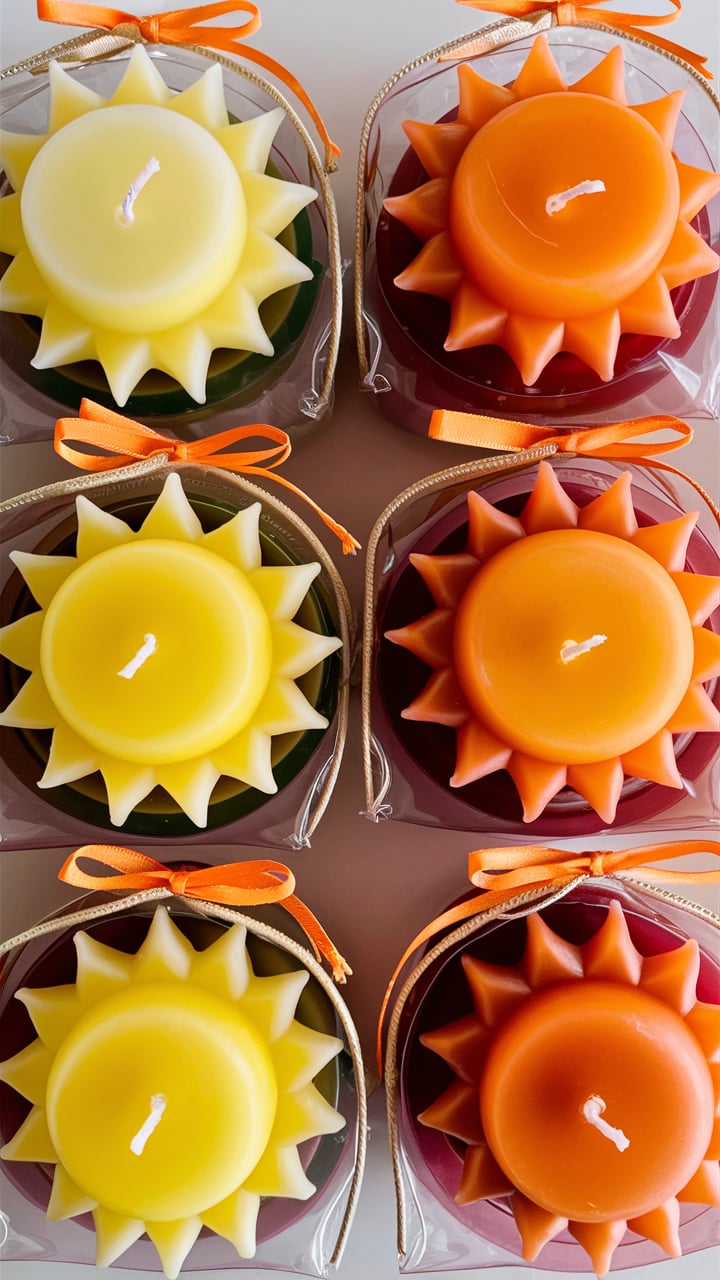 Sun shaped candles used as baby shower favors