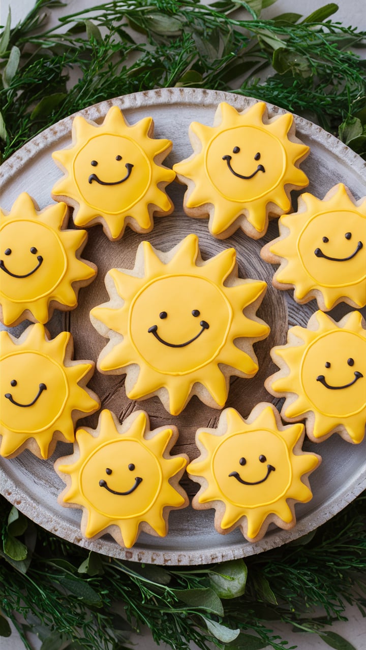 Sun-shaped sugar cookies with icing for a You Are My Sunshine baby shower
