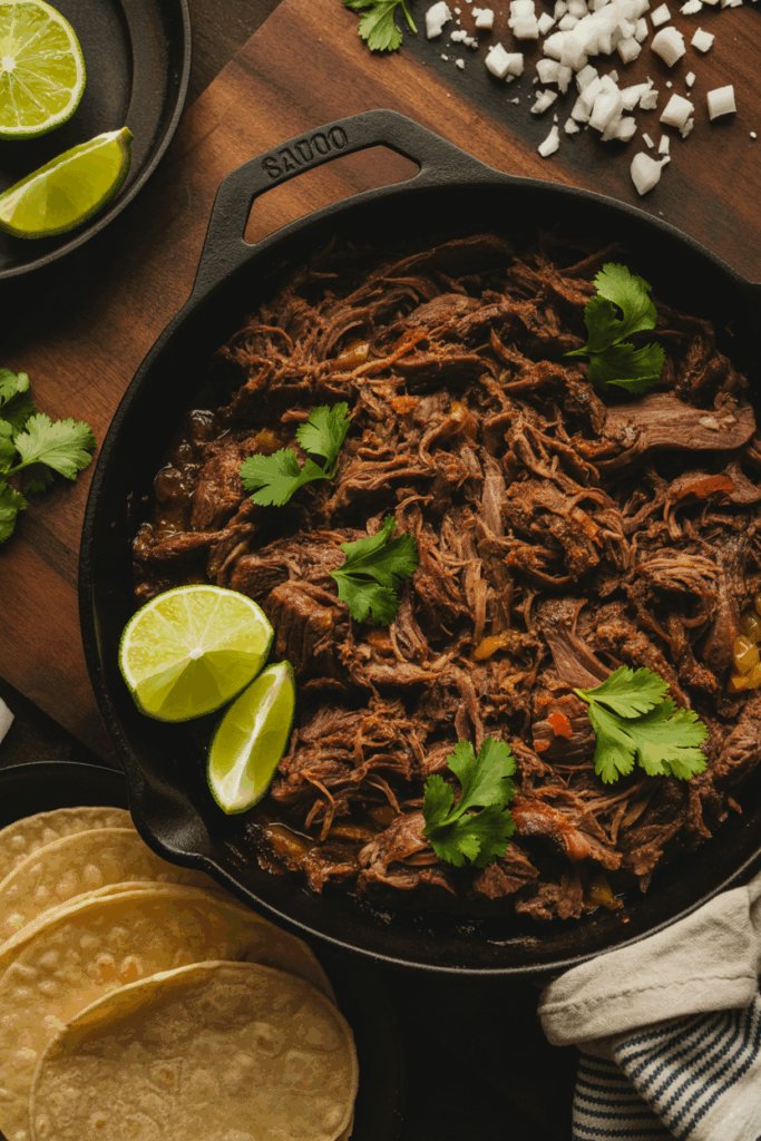 Shredded beef barbacoa in a skillet with lime wedges and cilantro arranged around it in warm overhead lighting.