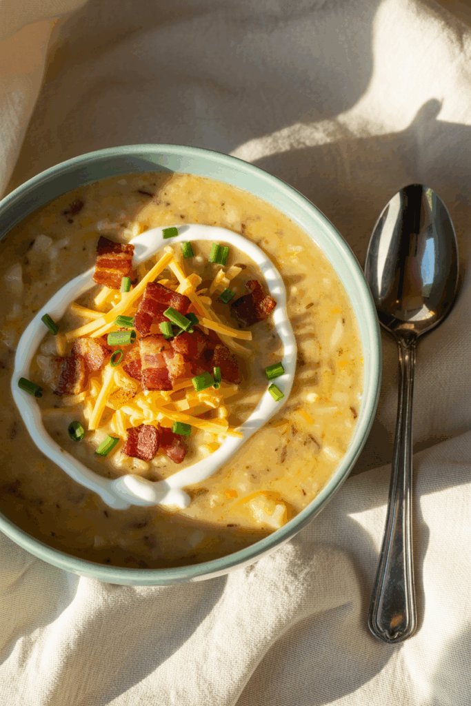 Loaded baked potato soup topped with bacon, cheese, chives, and sour cream with a spoon resting on a napkin.