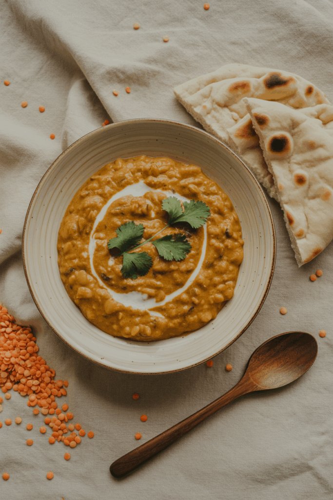 Lentil curry in a shallow bowl with coconut milk swirl and naan on the side under soft natural lighting.