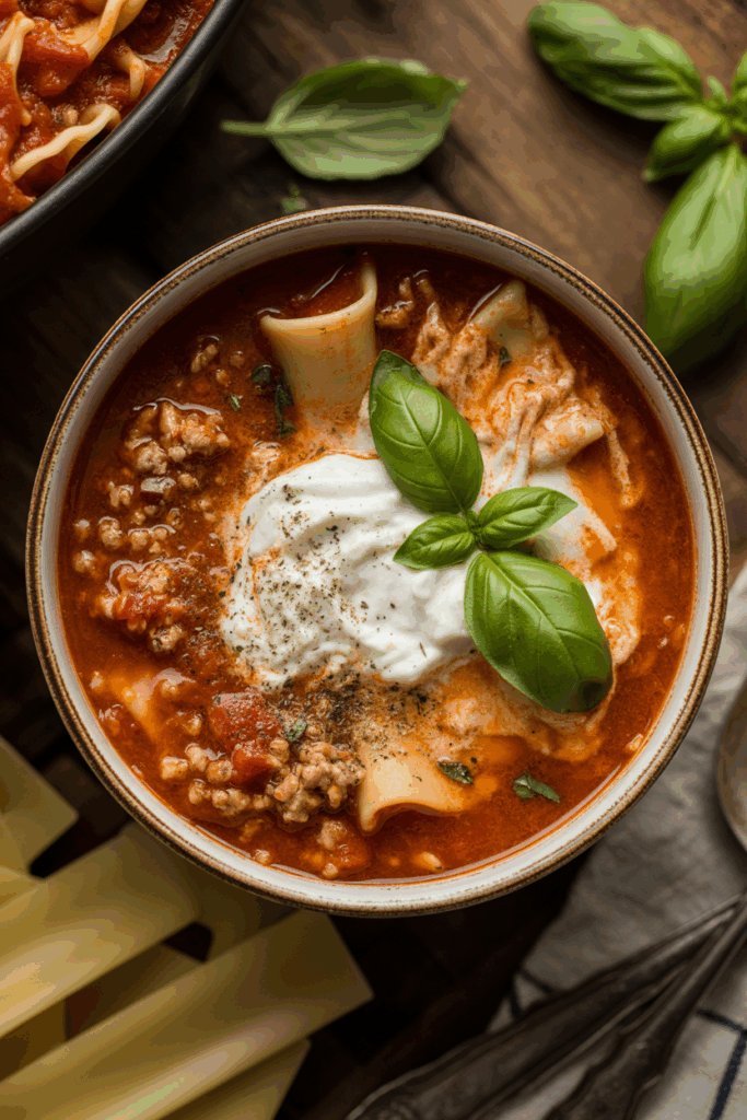 Bowl of lasagna soup with ricotta and basil on top, pasta edges visible in warm editorial overhead lighting.
