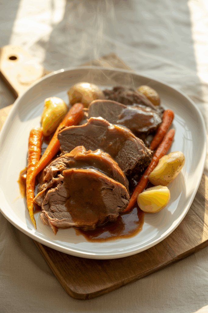 Instant Pot pot roast with carrots and potatoes arranged on a white platter with glossy gravy in warm lighting.