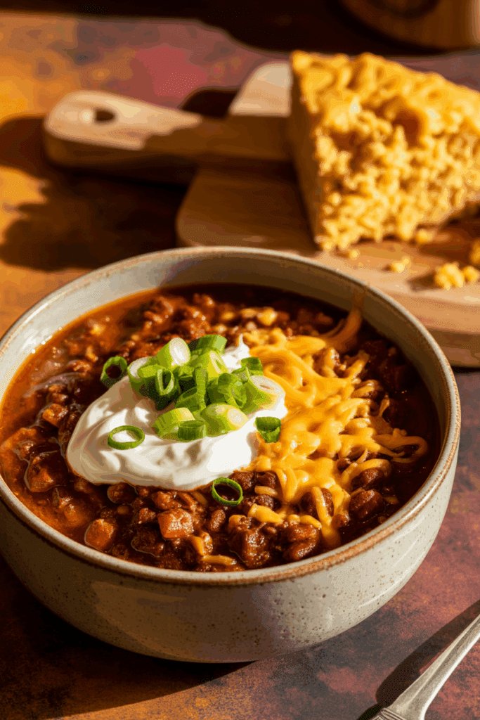 Bowl of chili topped with cheese, sour cream, and scallions with cornbread beside it on a rustic surface.