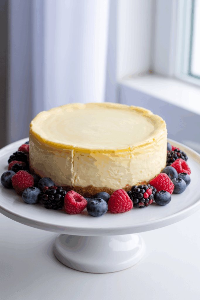 Classic Instant Pot cheesecake on a white cake stand with fresh berries beside it in bright window light.