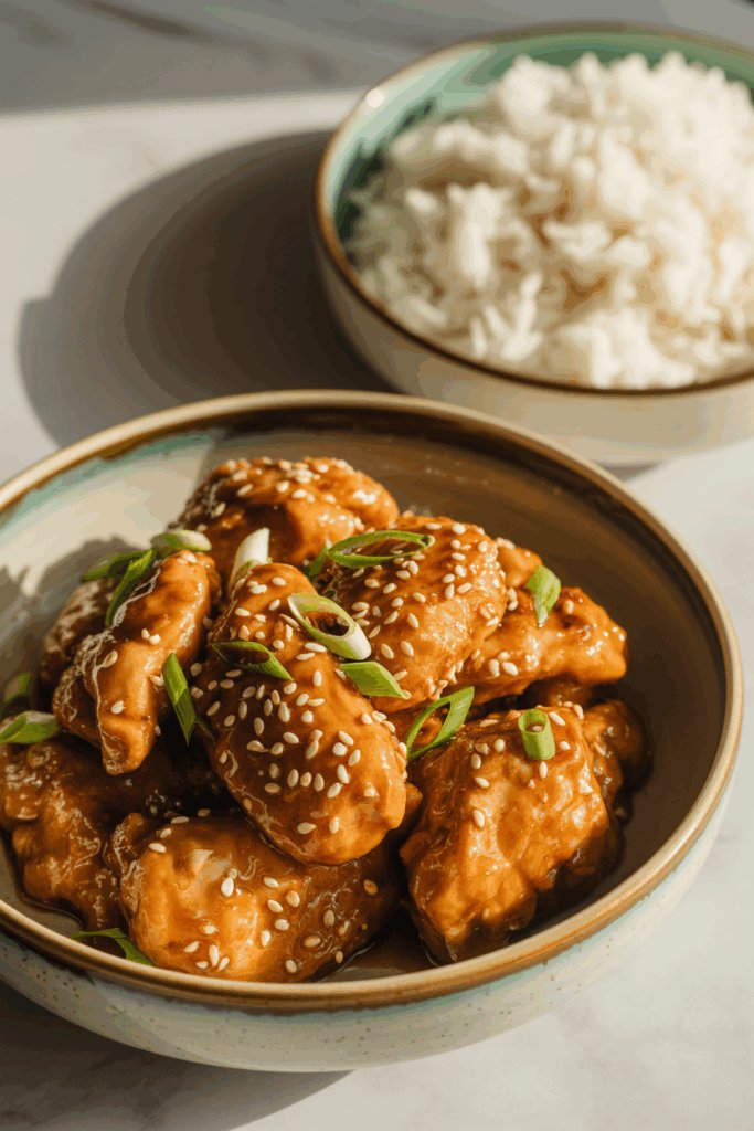 Bowl of honey garlic sesame chicken topped with sesame seeds and green onions with rice blurred in the background.