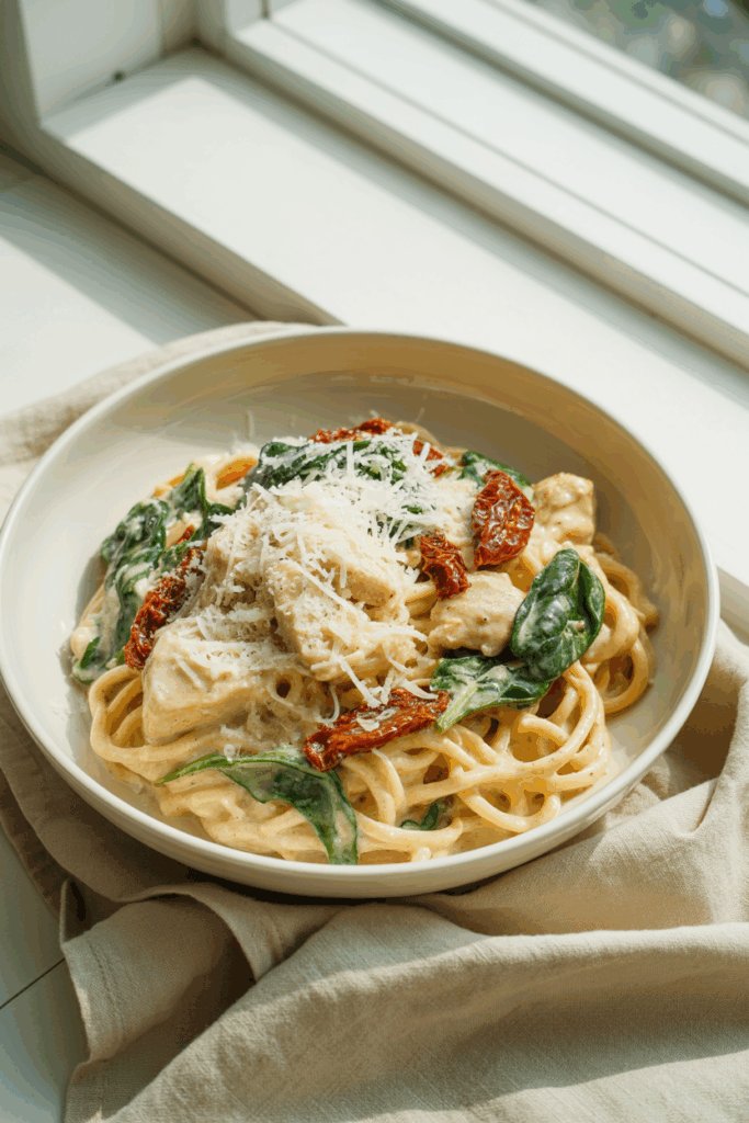 Bowl of creamy Tuscan chicken pasta with sun-dried tomatoes and spinach on beige linens in bright airy light.