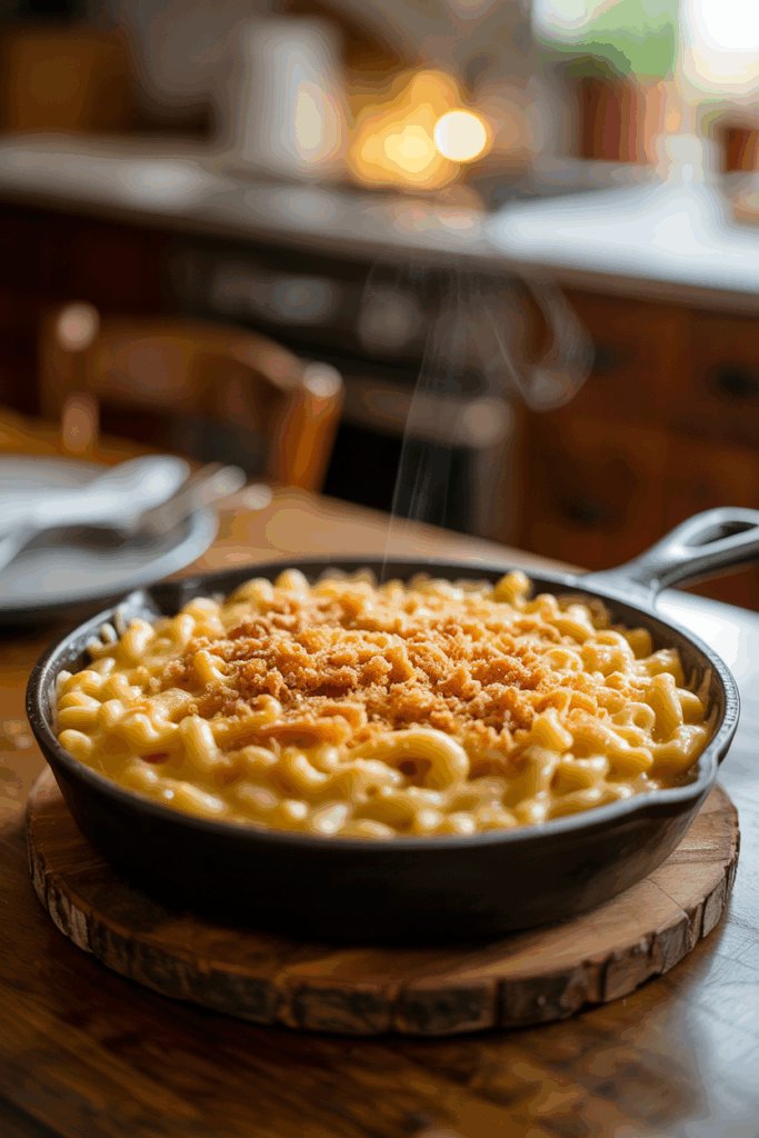 Creamy mac and cheese in a cast-iron skillet topped with breadcrumbs and light steam rising.