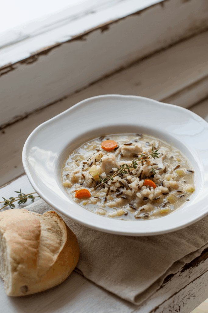 Bowl of creamy chicken and wild rice soup topped with fresh thyme beside rustic bread in soft natural light.