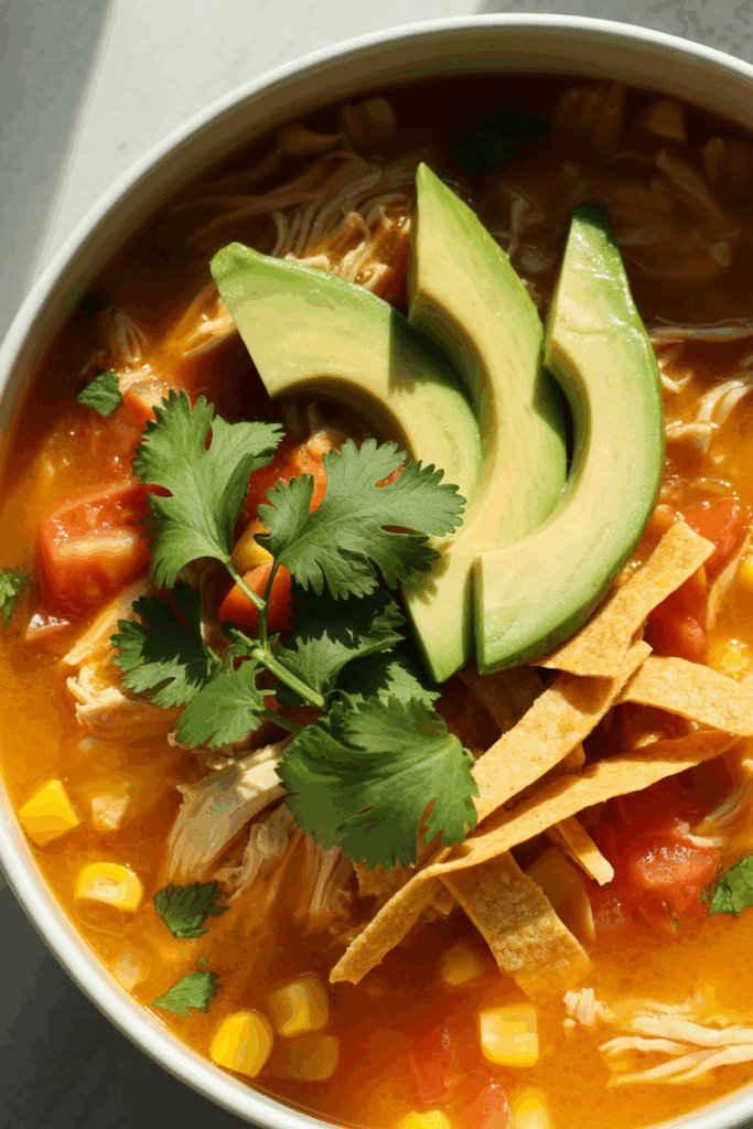 Chicken tortilla soup with avocado slices, tortilla strips, and cilantro in bright citrus-toned natural light.