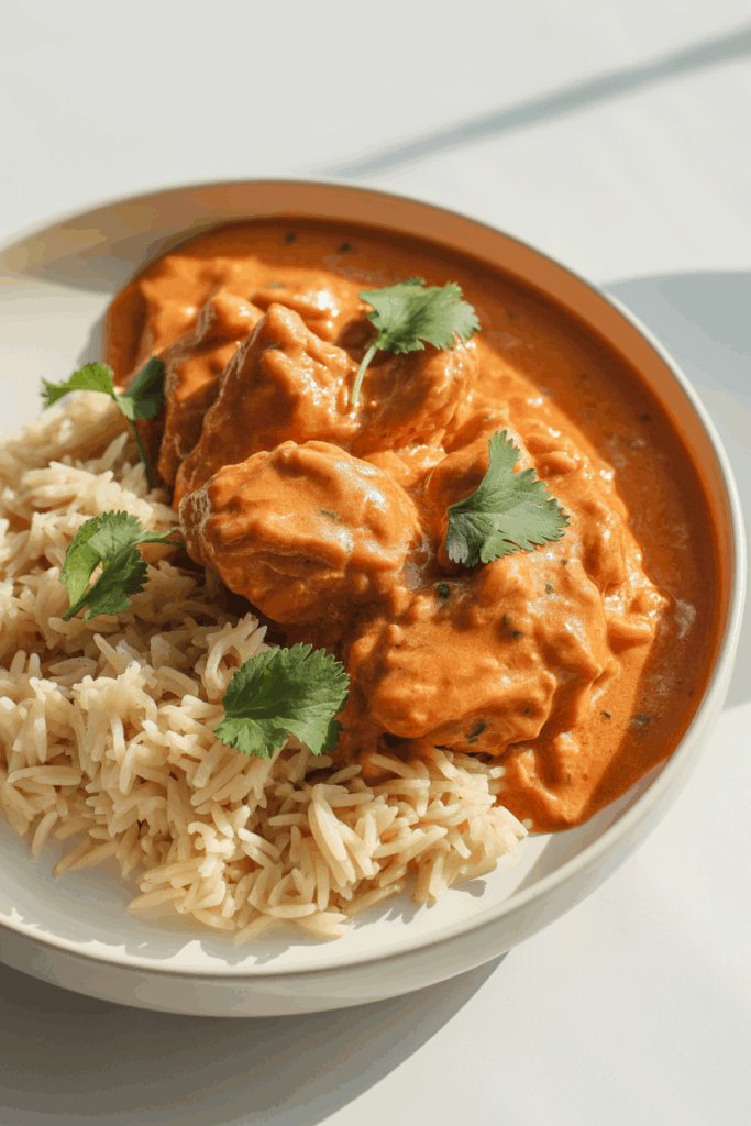 Butter chicken in a shallow white bowl with basmati rice and cilantro garnish in bright natural light.