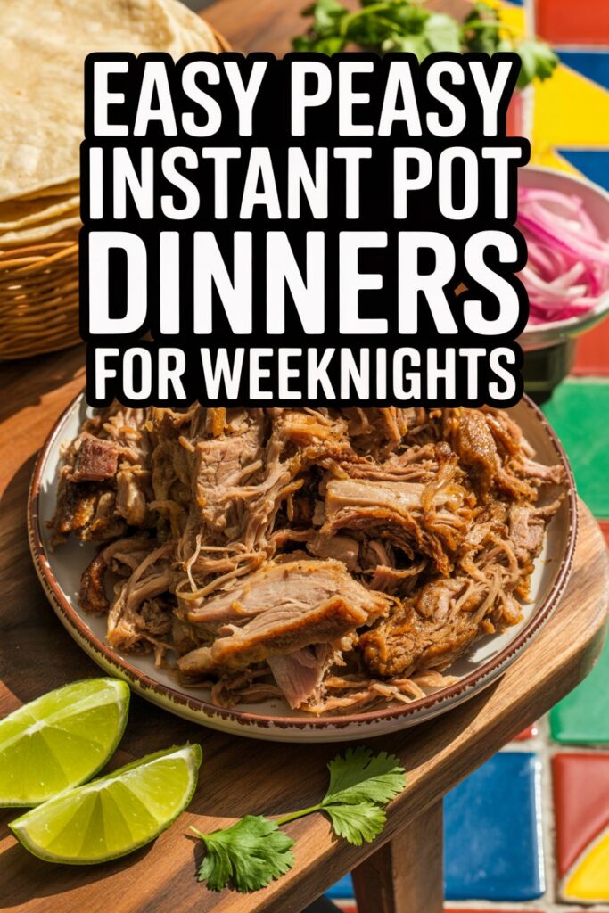 Plate of shredded Instant Pot pork carnitas with lime wedges on a wooden board, tortillas and cilantro in the background, bright natural light.