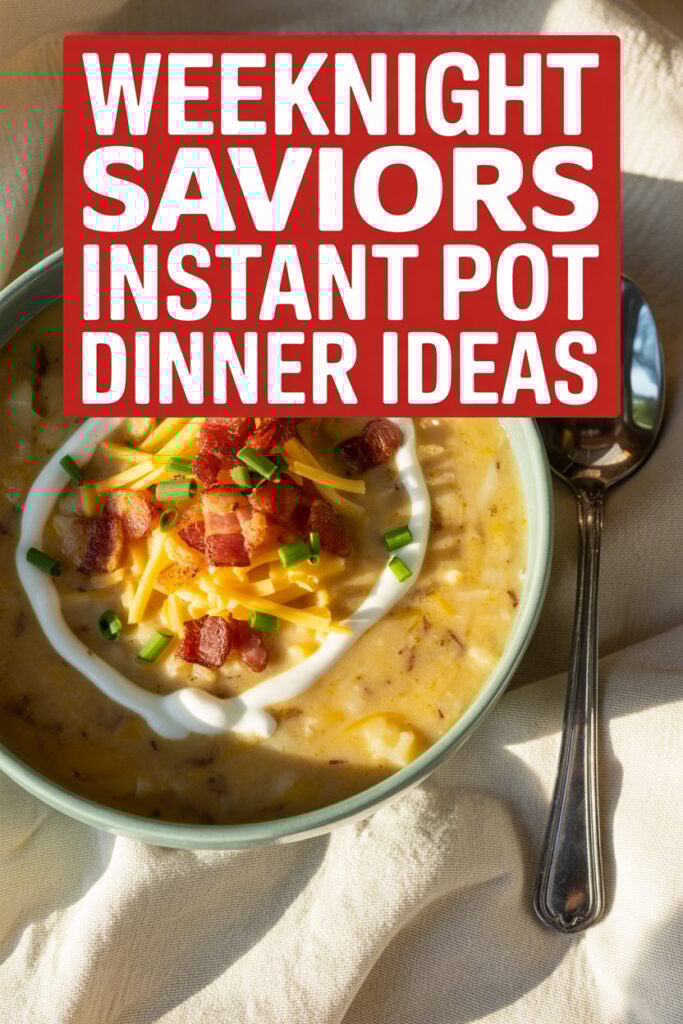Bowl of loaded baked potato soup topped with bacon, cheddar, sour cream, and chives with a spoon beside it in warm natural light.
