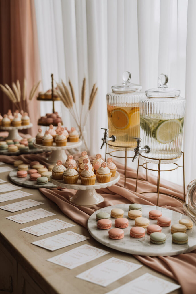 Dessert table styled with honeycomb accents, framed classic Pooh illustrations, wooden risers, and pastel florals.