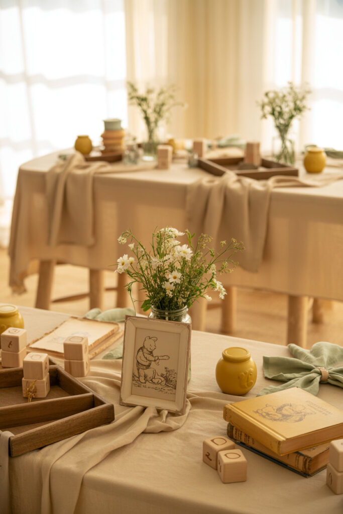 Hundred Acre Wood–inspired baby shower tablescape with wildflowers, honey jars, vintage books, and linen runners.
