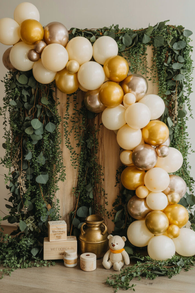 Cream and gold balloon garland over a wooden backdrop with greenery and subtle Pooh-themed props.
