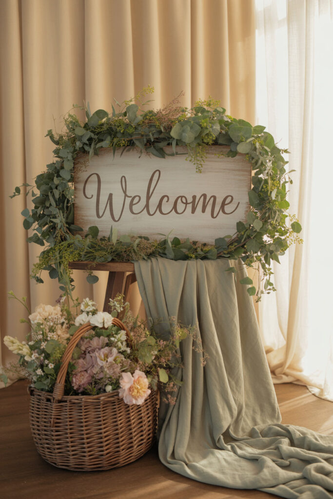 Baby shower welcome display with rustic signage, greenery vines, wildflowers, and wicker basket décor.