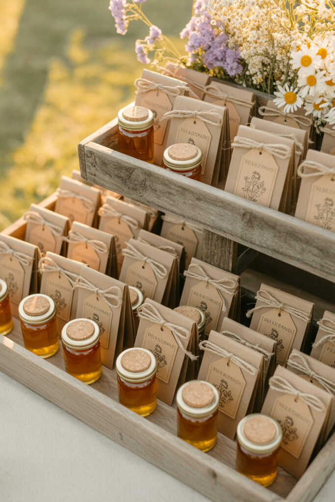 Baby shower favor table with mini honey jars, wildflower seed packets, and kraft tags arranged on wooden trays.